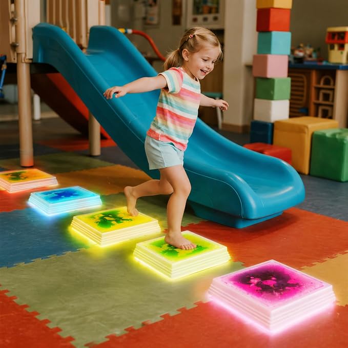 Liquid Light-Up Stepping Stones for Kids Ages 3+ – Step-On 12" Touch-Activated 7-Color LED Sensory Balance Stones for Obstacle Course, Sensory Path and Calm Corner (4-Pack)