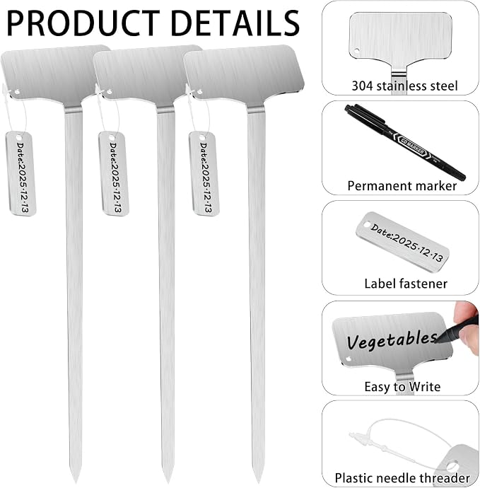 304 Stainless Steel Plant Markers, 50 Waterproof Metal Plant Label Stakes with 50 Tag Buckles & 2 Marker Pen, 12.75" Garden Markers for Outdoor Indoor Plants Identification.