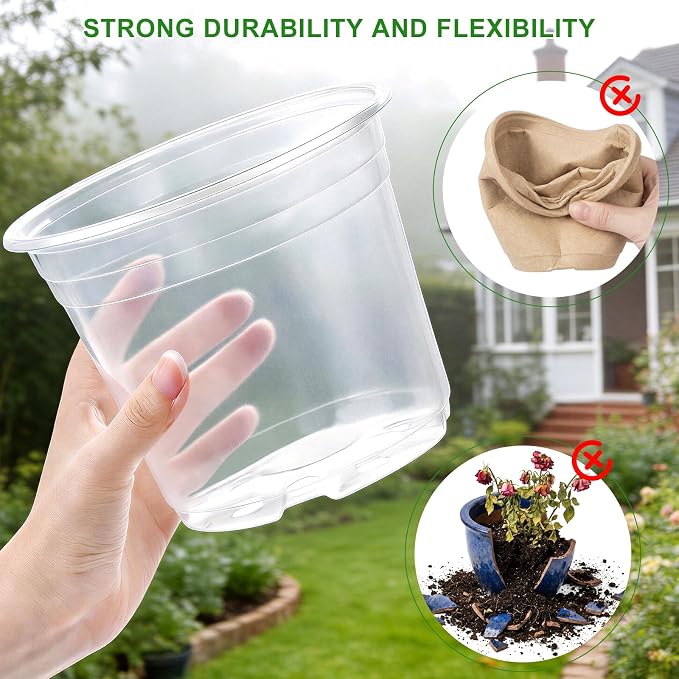 5/6/7/10 Inch Clear Nursery Pots with Drainage & Saucers 16PCS , Plant Large Pots with Labels, Seedling Tool & Hole Puncher, Plastic Nursery Pots for Succulents, Seedings, Herbs, Flowers, Vegetables