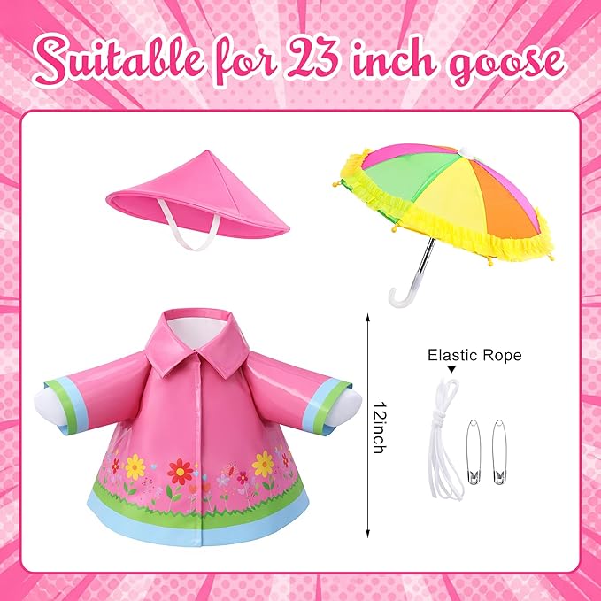 DECOHS 3 Pcs/Set Raincoat Porch Goose Outfits, Summer Lawn Goose Statue Raincoat Costume, Yard Goose Clothes Raincoats Umbrella Hat Outfit for 23" Statue Patio Garden Decoration (Rosy)