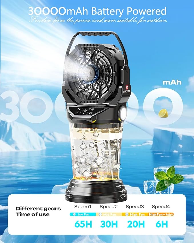 2026 New Portable Misting Fan with 30000mAh Rechargeable Battery, 120° Auto Oscillating Battery Powered Fan, 4 Speeds Spray Fan with LED ambient light for Camping, Patio, Outdoor, Travel (Black)