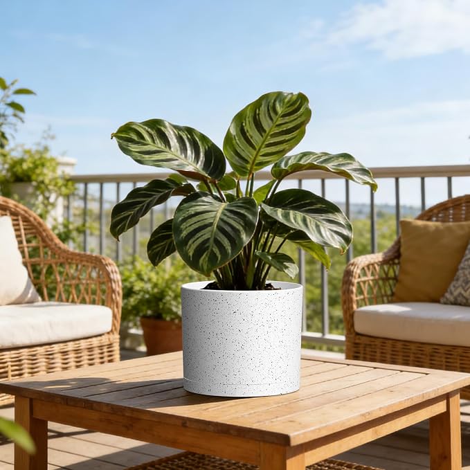 Plant Pots, 10/9/8 Inch 3 Pack Cylindrical Flower Pots with Drainage Holes and Saucers, Plastic Planters for Outdoor Indoor Plants,White with Black Speckles