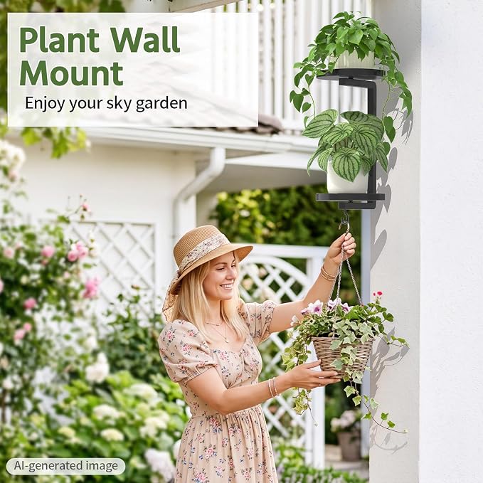 LASZOLA Plant Hangers Holder Wall Mounted Indoor, Metal 2 Tier Window Hanging Plant Shelves, 2Pcs Modern Floating Flower Display Stand with 2 Hooks for Outdoor Kitchen Bathroom Decor, Black