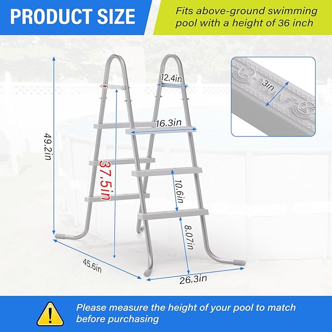 36" 3-Step Steel Frame Above Ground Swimming Pool Ladder,Heavy Duty Double Sided Removable Pool Steps,Pool Ladder Steps with Non-Slip Plastic Steps for Entry and Exit