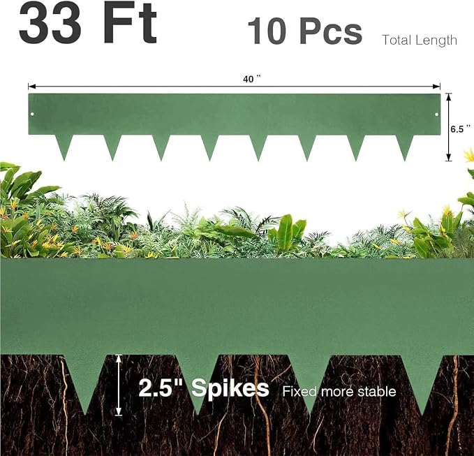 10-Pack Galvanized Steel Landscape Lawn Edging - 6.5 inch Height Green Powder Coated Bendable Metal Strips - Hammer-in Edge Border - Yard Pathway Divider 40 inch Each(33Ft Total), #LYLB65GN-US
