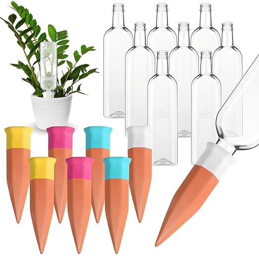 Ziliny 8 Pack Terracotta Watering Spikes Devices, Plant Self Watering Spikes with 25 oz Plastic Wine Bottles, Slow Release Vacation Insert Plant Waterer Devices for Indoor Outdoor
