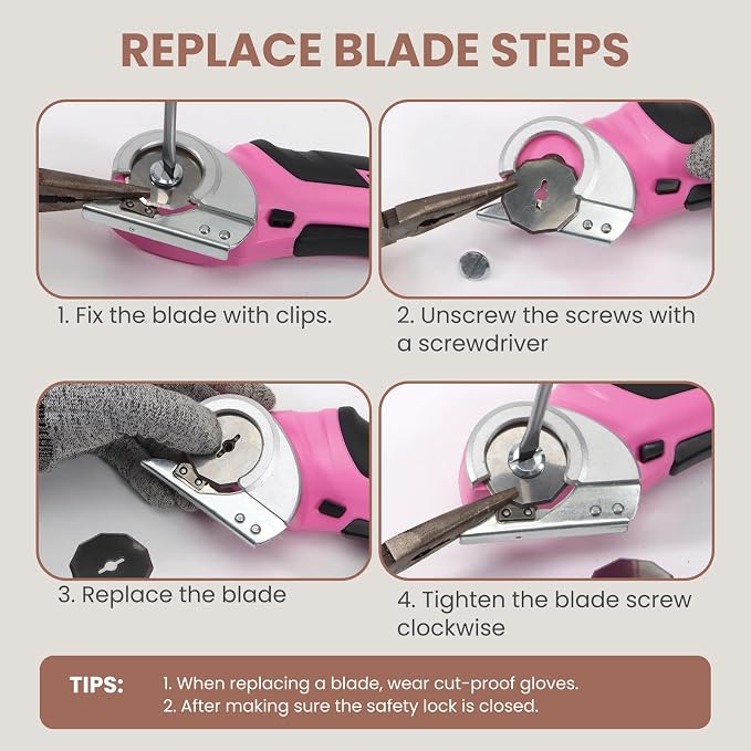 VLOXO Cordless Electric Scissors, Rechargeable Rotary Cutter for Cardboard Leather Fabric Plastic Canvas with Safety Lock, Multi-Purpose Cutting Tool with Replacement Blades and Charger (Pink)