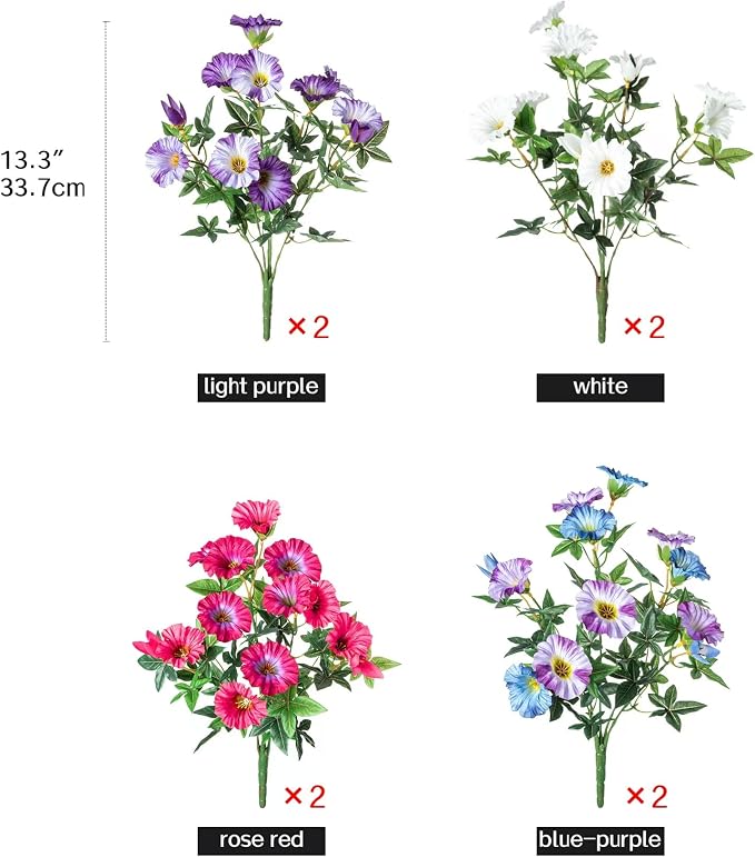 Colorful Artificial Morning Glory Flowers for Outdoor Planters, Premium UV Resistant Silk Faux Flowers for Porch, Hanging Basket & Window Box, Vibrant Garden Decor, No Pot, 13.3 Inch, 8 Bundles