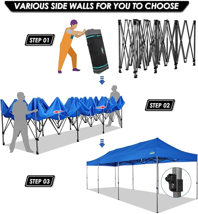 COBIZI 10x30 Pop up Carport 10x30 Canopy Tent with Sidewalls, Heavy Duty Party Tent Tents for Parties, Foldable UPF 50+ Waterproof Commercial Easy up Canopy with Wheeled Bag, Blue