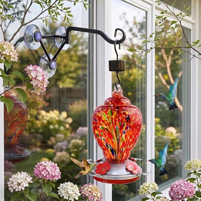 Hand Blown Glass Hummingbird Feeder with Heavy-Duty Metal Window Suction Cup Hangers Colorful Glass Bird Feeder and Window Hook with Accessories (Red)