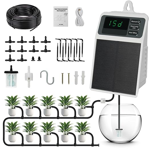Solar Automatic Drip Irrigation System Kit Anti-Siphoning For 10 Potted Plants DIY Automatic Timing Watering for 15 Days Waterproof with Digital Display Auto Plant Waterer Outdoor Indoor Balcony Patio