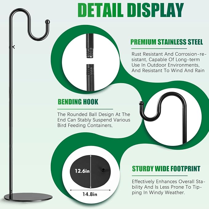 76" Shepherds Hook Stand for Indoor & Outdoor, Heavy Duty Adjustable Plant Hanger with Weighted Base, Bird Feeder Pole for Hanging Plants, Lanterns, Wind Chimes & Wreath