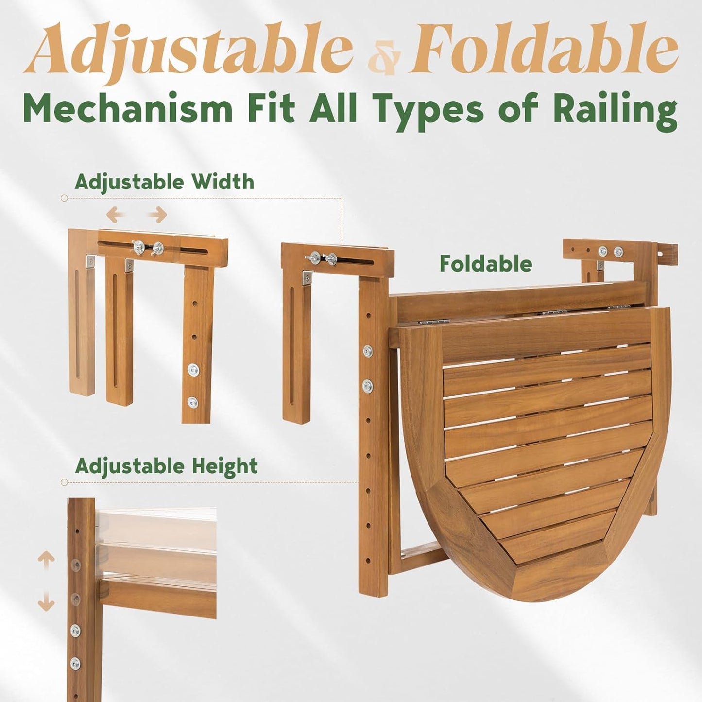 IDZO FSC Acacia Wood Folding Balcony Bar Table for Railings, Adjustable Height & Width, Teak Brush Finish Durable Against Weather, Ideal Spacious Dimension of 27 9/16 x 21 5/8 Inch, Half-Round Design