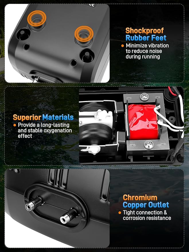 Pond Aerator 2 Outlets Air Pump Pond Aeration Kit with 30Ft Airline Tubings, 2 Check Valves & Air Stones, 5W Complete Pond Air Pumps for Small Fish Ponds up to 1400 Gallons and 4 Feet Deep