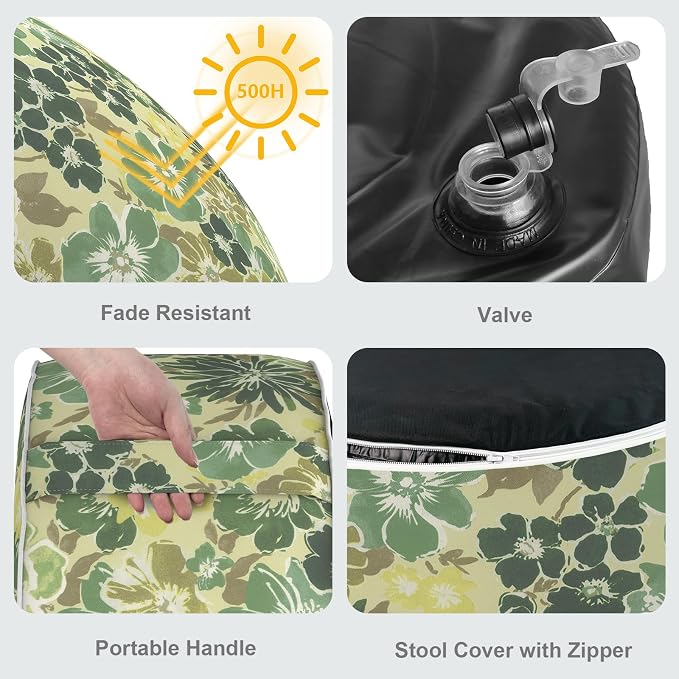 LVTXIII Inflatable Stool Ottoman Footrest with Handle, Decorative Fade-Resistant Foot Stool, Indoor or Outdoor Pouf for Home Garden and Camping Use, 31x31x14, Green Rose