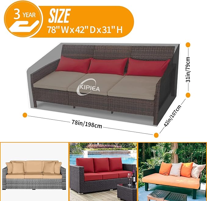 Kipiea Patio Sofa Cover, Heavy Duty Outdoor Couch Covers Waterproof Winter, 3-Seat Patio Furniture Cover Loveseat, Outdoor Sofa Covers with Anti UV and No Tears, No Fading (78"W x 42"D x 31"H)
