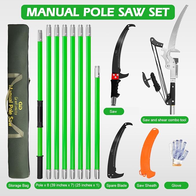 Grefinity Manual Pole Saw, 27 Ft Tree Trimmer, Extendable Pole Saws for Tree Trimming, Sharp Blade and Heavy Duty Scissors, for Backyard and Garden Pruning Palms & Shrubs, Green