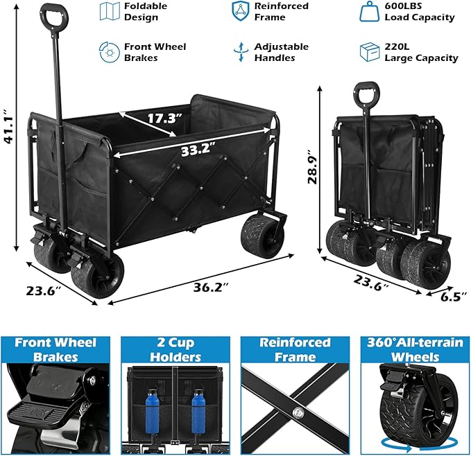 600LBS Beach Wagons Carts Foldable for Sand, Heavy Duty Collapsible Wagon with Brakes & All-Terrain Big Wheels, Large Foldable Folding Wagons for Beach Camp Sports Grocery, Portable