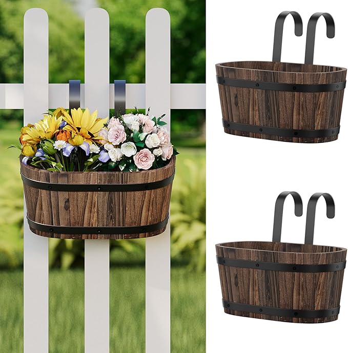 Hanging Wooden Flower Pots, Railing Planter for Any Balcony, Porch or Deck Countryside Style with Detachable Hooks for Garden Yard Home Decor (Carbonized)