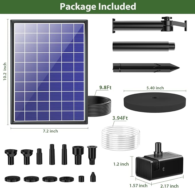 Antfraer 8W Solar Fountain Pump With 3600mAh Battery Backup, Solar Water fountain for Bird Bath with Double-Layer Nozzles & 5Ft PVC Tubing for Bird Bath Small Pond Waterfall DIY Features