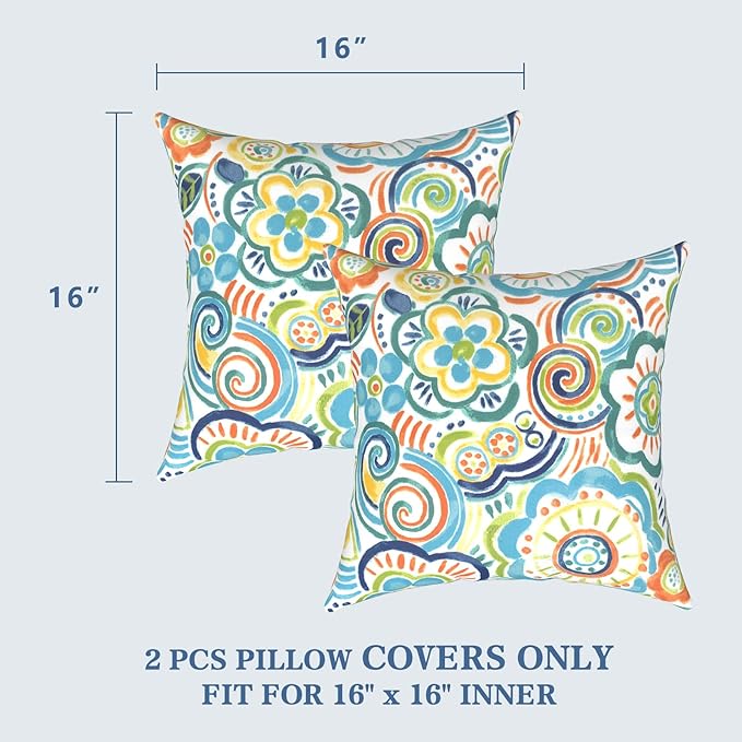 LVTXIII 2 Pack Outdoor Throw Pillow Covers for Patio Furniture, 16x16 Inch Square Pillow Case, Water-Repellent Cushion Covers for Garden, Porch, Sofa, Flower Blue