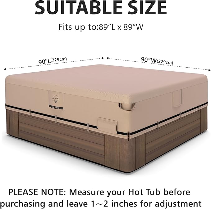 QH.HOME Hot Tub Cover Replacement 90"x 90", Waterproof & Weatherproof 600D Polyester Spa Cover for Hot Tub, UV Resistant, Windproof with Ratchet Strap System, Fits 89 x 89, 88 x 88,87x 87 Square