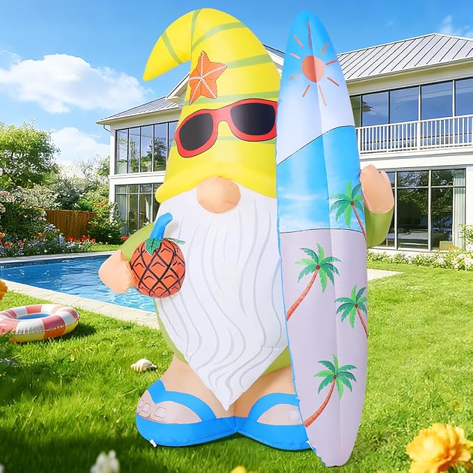 GOOSH 5.2 FT Summer Inflatables Hawaii Gnome Decorations Outdoor Blow Up Yard with Surfboard&Pineapple Built-in LEDs for Garden Lawn Indoor Party Beach Decor