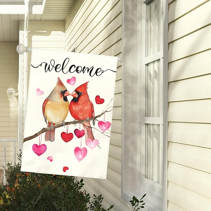 Welcome Valentine's Day Garden Flag Cardinal Love Heart Vertical Double Sided House Banner Holiday Anniversary Wedding Red Birds Large Yard Flags Farmhouse Valentines Day Decor 28 x 40 Inch