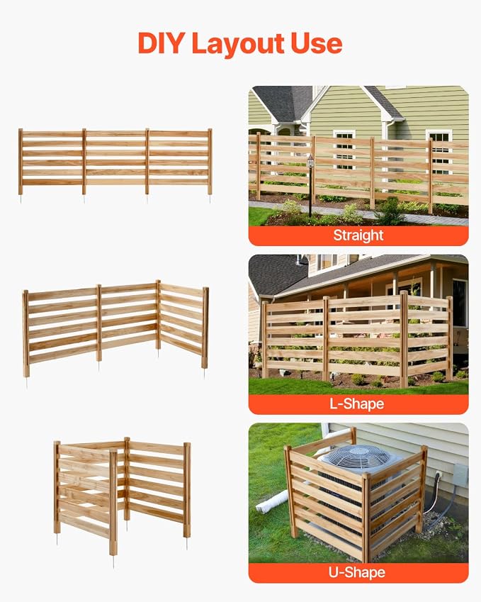 VEVOR Wood Privacy Fence, 36" W x 36" L, 3 Panel Slatted Air Conditioner Fence Screen, Pool Equipment Enclosure with Metal Stakes, Easy DIY Installation, Outdoor Trash Can Hider for Garden Decoration