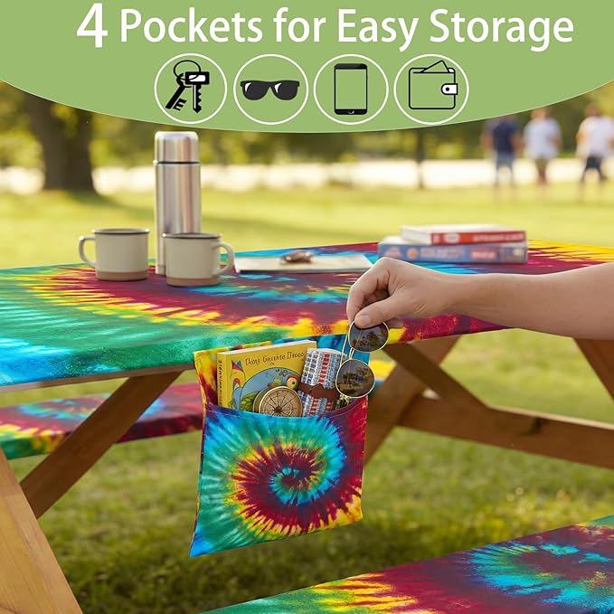 Fitted Waterproof Picnic Table Cover with Bench Covers Elastic 96×30In 3 Piece Camping Table Cloth for 8Ft Rectangle Tables Outdoor Camper Gifts Supplies Patio Rv Traveling Hiking Must Haves