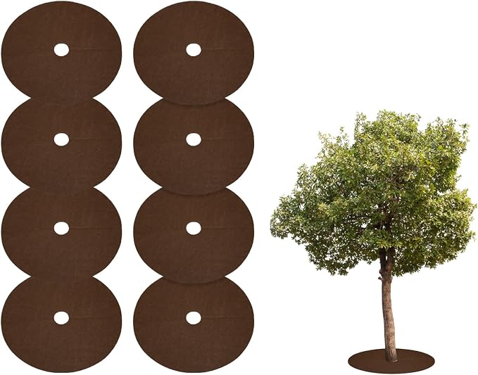HARFINGTON 8pcs Tree Mulch Ring 12.6 Inch Non-Woven Round Tree Protector Weed Barrier Mat Plant Cover Rings for Weed Grass Control Root Protection, Brown