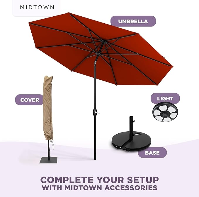 Midtown Umbrellas - 10-Year-No-Fade 8 Ft Patio Umbrella with Terylast Fabric, Auto-Tilt Aluminum Frame and 8 Reinforced Ribs for Deck, Pool, Garden & Beach - Apple Red Canopy, Black Pole