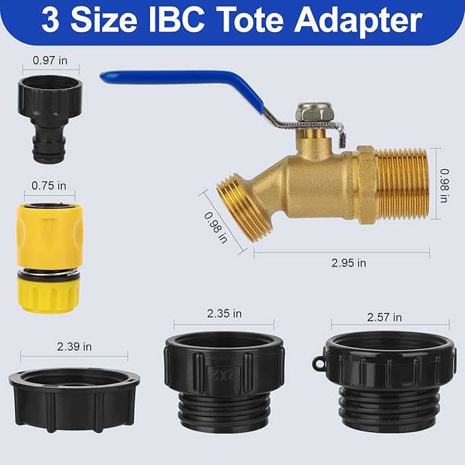275-330 Gallon IBC Tote Hose Adapter,3-Size IBC Tote Adapter, 2.44" Fine、2 "Fine, and 2" Coarse Thread,3/4" Male NPT Inlet ×3/4" Male GHT Brass Hose Faucet Garden Hose Connector