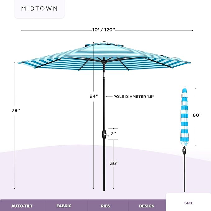 Midtown Umbrellas - 10-Year-No-Fade 10 Ft Patio Umbrella with Terylast Fabric, Auto-Tilt Aluminum Frame and 8 Reinforced Ribs for Deck, Pool, Garden & Beach - Blue/White Stripes Canopy, Black Pole