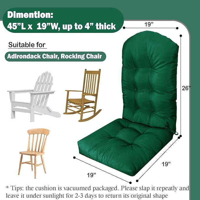 Adirondack Chair Cushions Set of 2, Waterproof Outdoor Seat Cushions for Patio Furniture, Thick Outdoor High Back Replacement Pads for Porch Lawn Wicker Chair, Rocking Chair Cushion, Emerald Green
