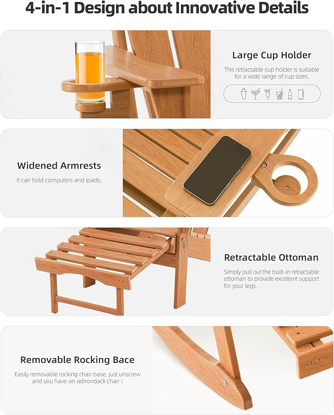 Folding Adirondack Rocking Chair Set of 2,4-in-1 Multifunctional Patio Chairs with Retractable Ottoman, Outdoor Chairs Wood Texture, Lawn Chair for Porch, Backyard, Pool(Teak)