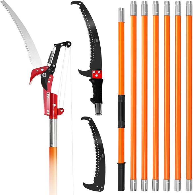 Grefinity Manual Pole Saw, 27 Ft Tree Trimmer, Extendable Pole Saws for Tree Trimming, Sharp Steel Blade and Scissors, for Backyard and Garden Pruning Palms & Shrubs, Orange