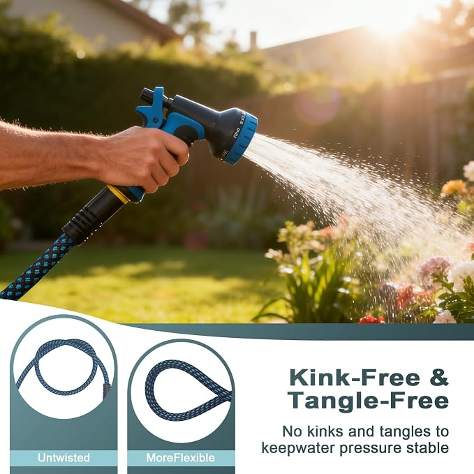 garden hose, non-extendable and ultra-lightweight 25 ft, equipped with 10-function nozzle. Kink-free, sturdy, flexible, and wear-resistant, suitable for use in yards, lawns, outdoors (25 FT)