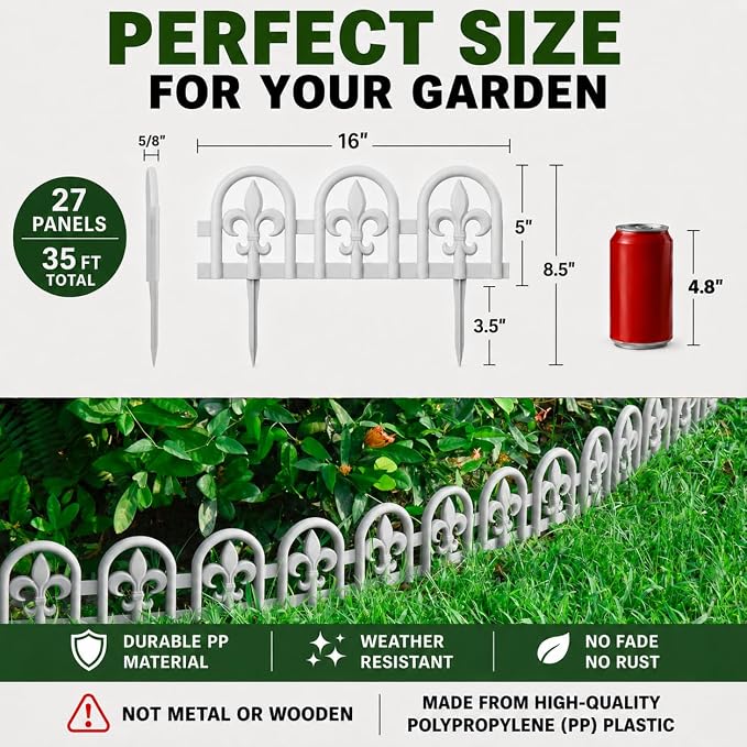 Evelyne Gray Garden Border Plastic Edging – PP Plastic, Short Metal-Free Wrought Iron Look Design, 27pcs Yard Landscaping Fence Liner Lawn Edge Barrier, 35ft Kit of Decorative Lawn Landscape Panels