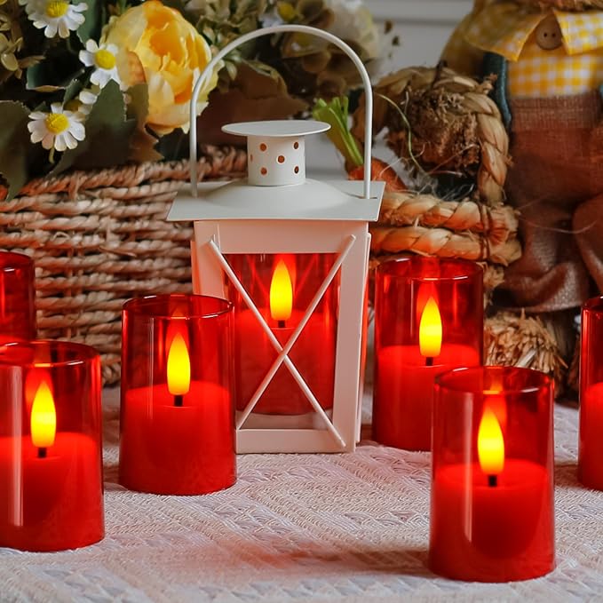Flameless Small Tea Light LED Candles, Acrylic Battery Operated Votive 1.7" x2.5" with Remote Control and Timer, Tealight Red Flickering Warm Light Pack of 8 Electric Long Lasting