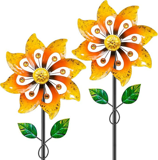 2pcs Metal Wind Spinners Outdoor with Stake for Yard Lawn Garden | 36.8in Wind Sculpture Spinner with Metal Stake, Waterproof Spinners Green Kinetic Wind Spinner for Yard Lawn Decor (Yeloow)