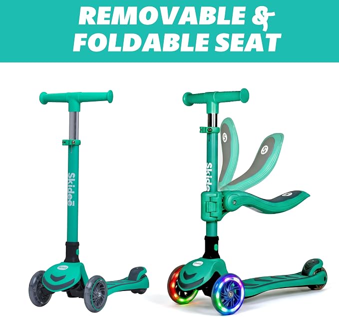 SKIDEE Kick Scooter for Kids Ages 3-5 | Foldable 3 Wheel Scooter with Lean-to-Steer, Adjustable Height, Removable Seat & LED Light Wheels | Toddler Scooter Up to 12 Year Old Boys/Girls