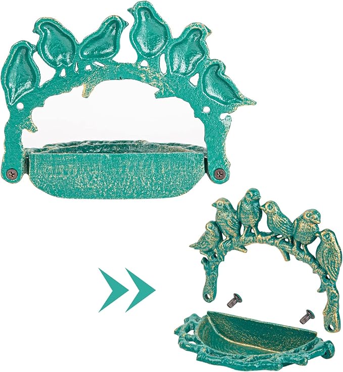 Sungmor Cast Iron Wall Mounted Bird Feeder, Cute Bird Decor Small Water Bath, Wall Hanging Fence Mount Bird Bath Feeder, Beautiful Green Birdfeeder for Garden Backyard Patio Wall Decoration