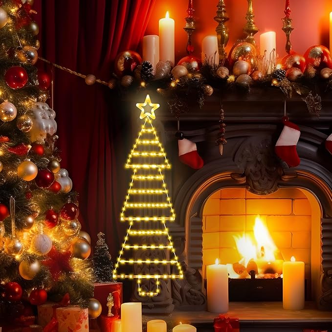LED Christmas Lights Outdoor,4.6ft 189 LED Christmas Tree Ladder Light with Star Topper 8 Modes Christmas Decorations Lights for Indoor Outdoor, Window, Garden, Home, Wall, Xmas Tree Decor-Warm White