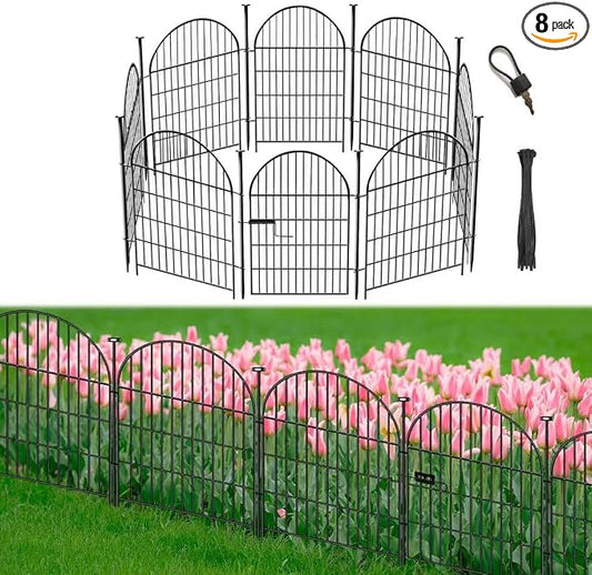 Garden Fence Border, 36 in(H) x17.5 Ft(L) 8 Panels, Tall Garden Animal Barrier Fence with Gate, Dog Fence Outdoor for Yard, Arched Rustproof Metal No Dig Fence, Flower Bed Fencing