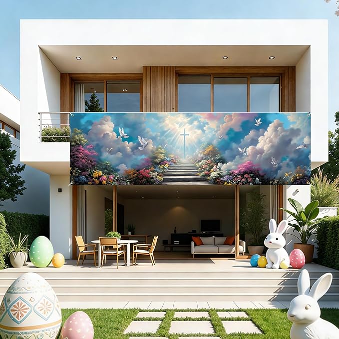 Christian Cross Fence Banner 118 x 35 Inch, Large Waterproof Outdoor Religious Banner with Stairway to Heaven Clouds & Doves for Yard Porch Fence Church Decorations