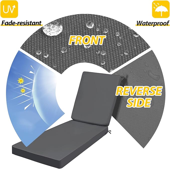 AAAAAcessories Outdoor Chaise Lounge Cushions, Fade-Resistant, Waterproof Patio Furniture Replacement Cushions, 75" x 24.5" x 3", Set of 2, Dark Gray