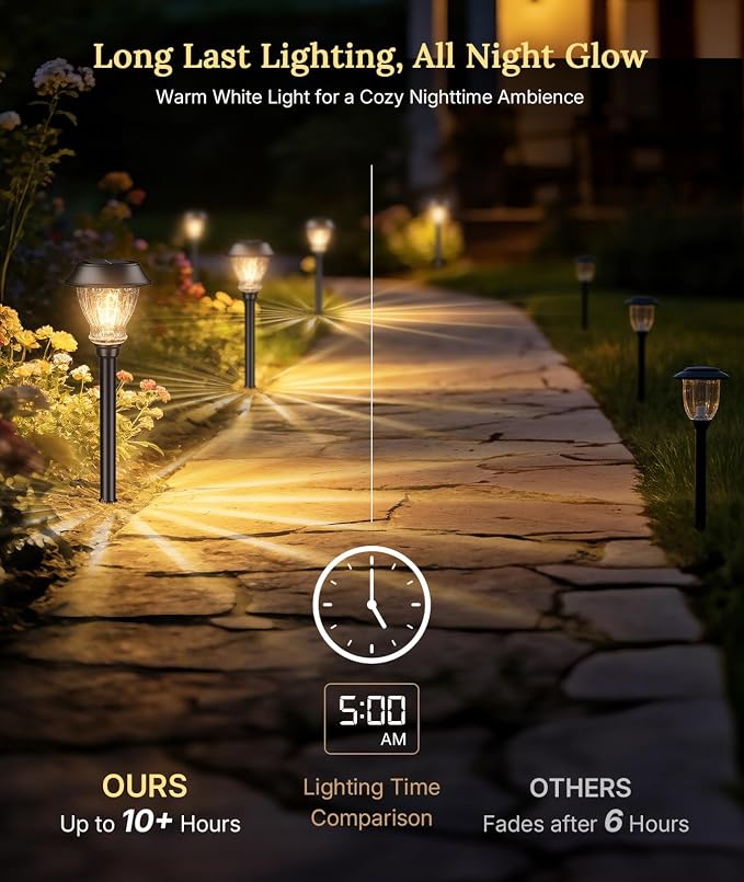 XMCOSY+ Solar Pathway Lights Outdoor, 6 Pack Crackled Glass Solar Garden Lights, Warm White Dusk to Dawn, Waterproof Auto On/Off Landscape Lighting for Yard Walkway Driveway Patio