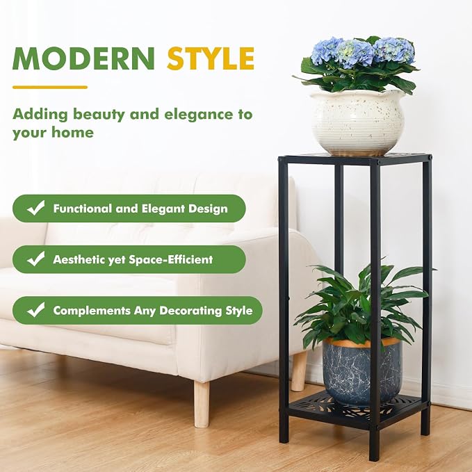Party Zealot 2 Packs of 2-Tier Tall Metal Square Plant Stand 31” Heavy-Duty Modern Flower Pot Rack for Indoor Living Room, Corner Side Table for Outdoor Patio, Garden Planter Holder, Black, Leaf