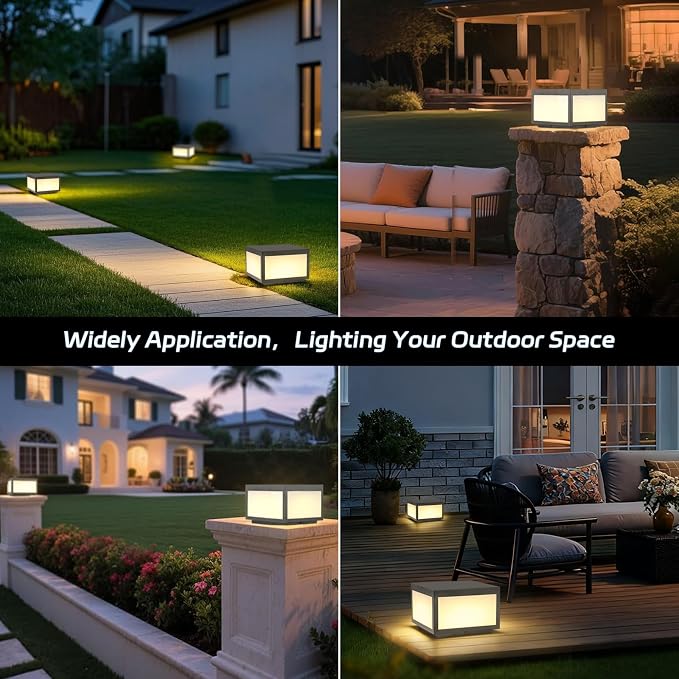 Outdoor Modern Post Light Hardwired,10" Square Metal Column Lights for Pier Mount & Flat Surface, IP65 Waterproof Sparkly Grey Stainless Steel Pillar Lamps for Patio Garden Driveway Deck Outside